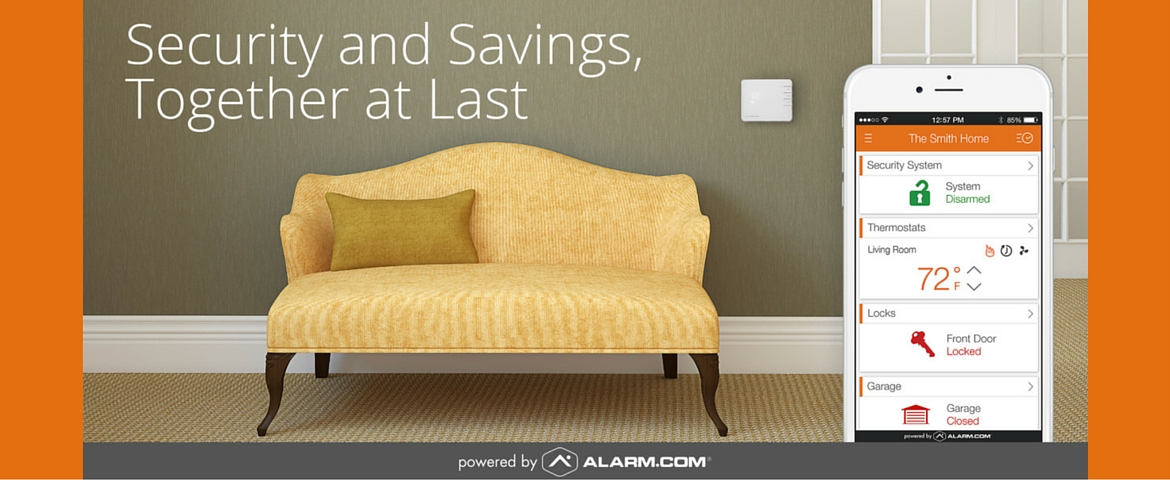 Picture of couch, thermostat, and cell phone using alarm.com app